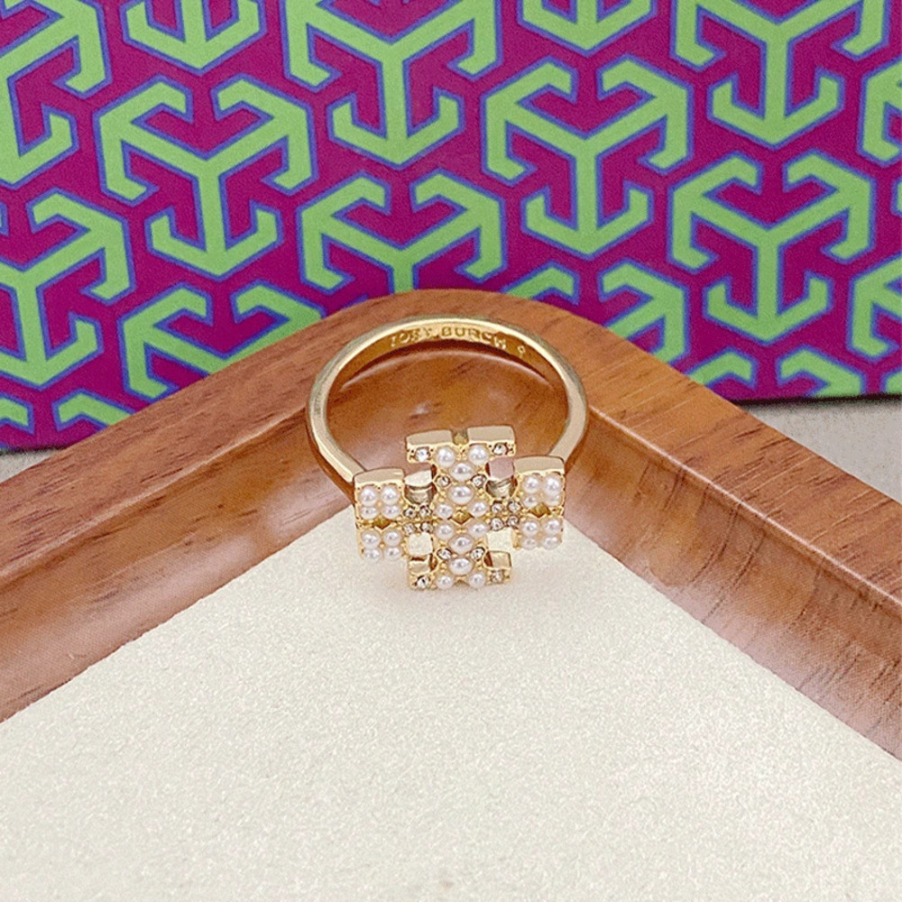 Tory Burch Gold Plated Pave Rhinestone Faux Pearl Double Ring
